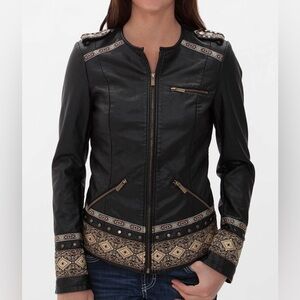 Y2K Buckle Black Zip Front Faux Leather Jacket Motorcycle Trim Epaulet L